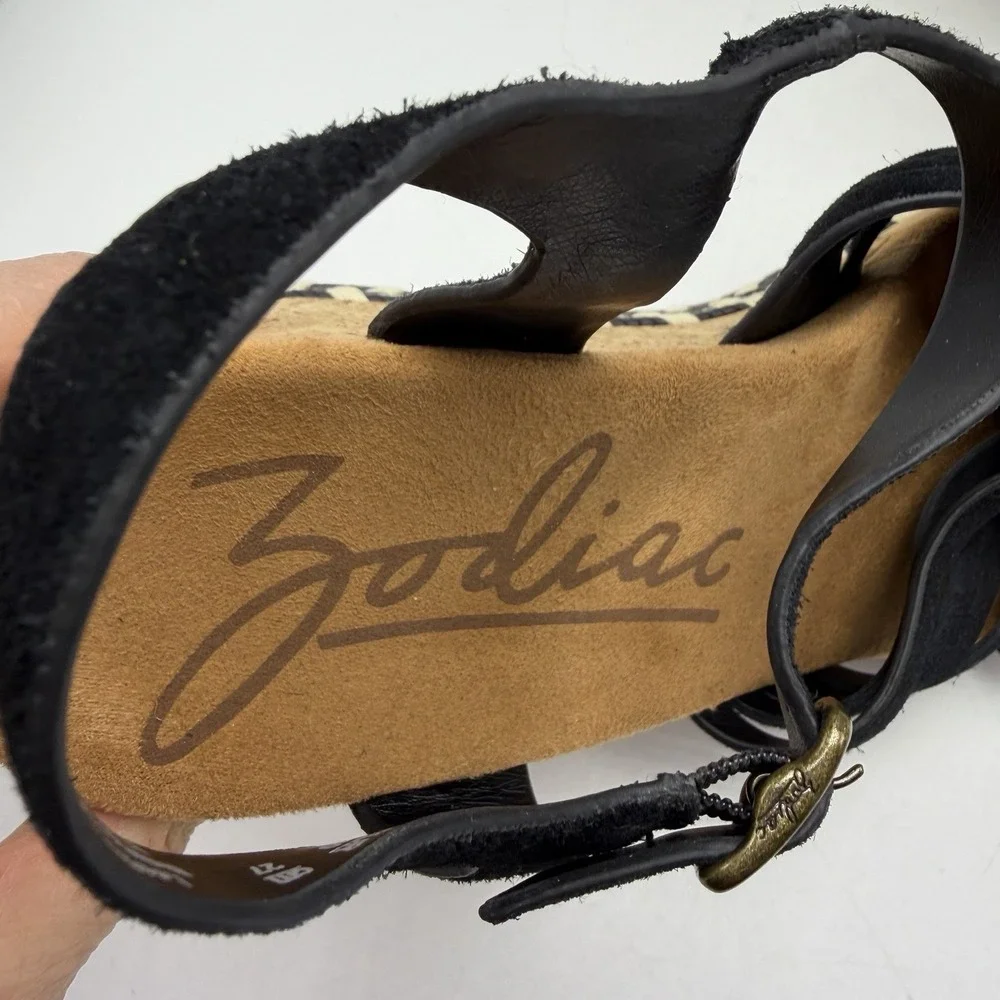 Zodiac Sandals Womens 10 M Paola Black Leather Wedge Espadrilles Cork Wedge